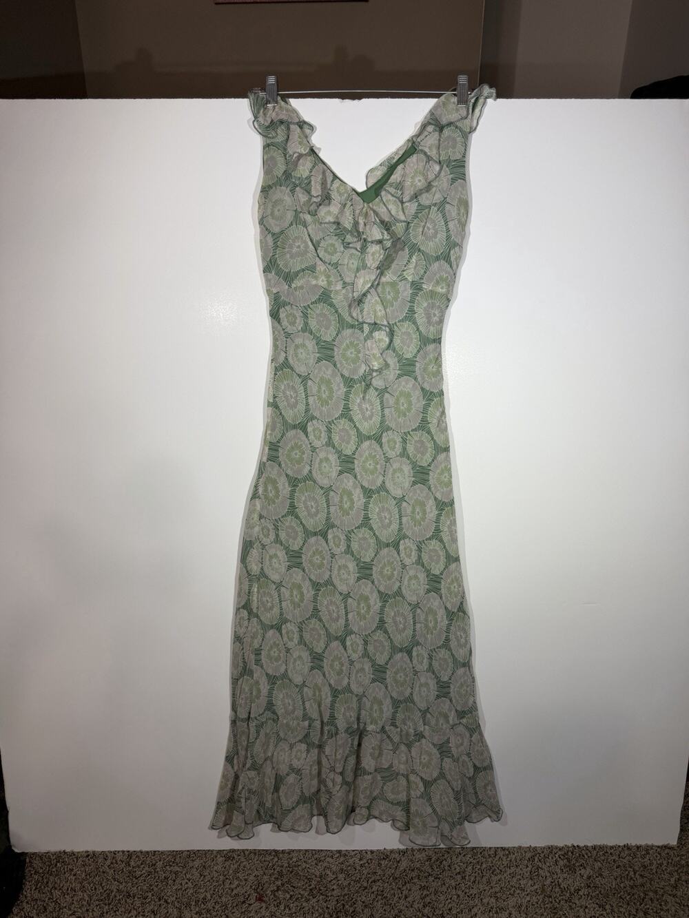Vintage 90s Green Silk Chiffon Floral Maxi Dress Ruffle Layered Indie Fairy 10